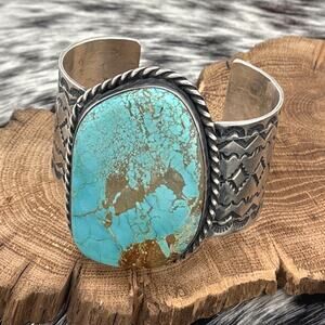 JUAN G For CHIMNEY BUTTE Navajo Sterling Mine No 8 Turquoise Large Cuff Bracelet
